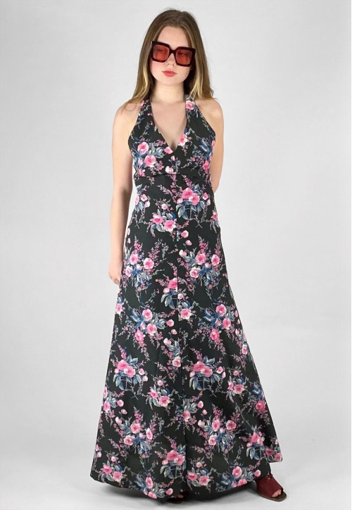 70's Black Pink Floral Vintage Halter Neck Maxi Dress