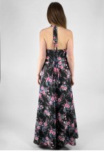 70's Black Pink Floral Vintage Halter Neck Maxi Dress
