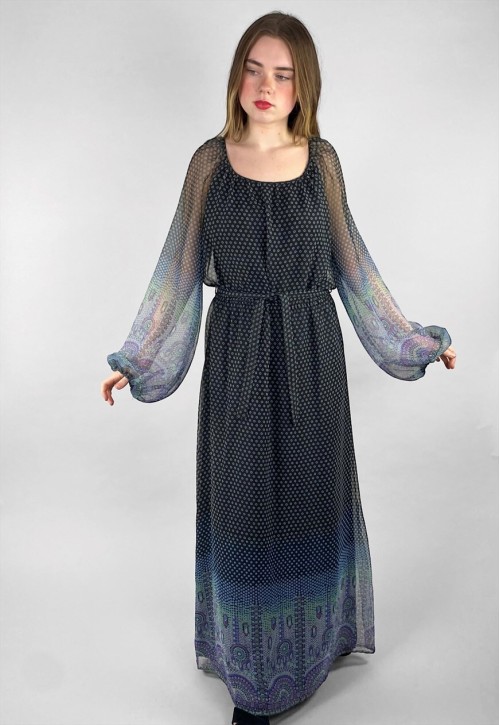 70's Vintage Black Sheer Blue Bell Sleeve Maxi Dress