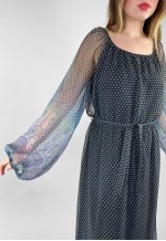 70's Vintage Black Sheer Blue Bell Sleeve Maxi Dress